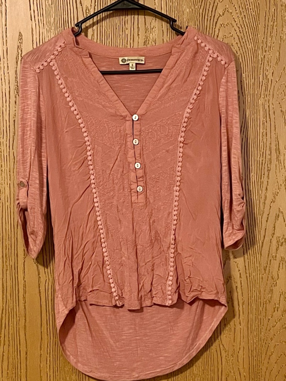 Democracy Boho Embroidered Henley Top Dusty Rose S
